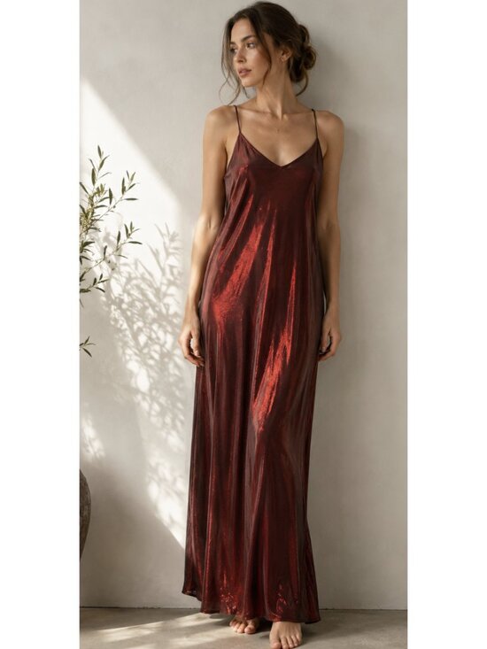 Vintage Dresses & Skirts - VINTAGE BONKERS USA Red Metallic Maxi Slip Dress Medium 90s Party Friends